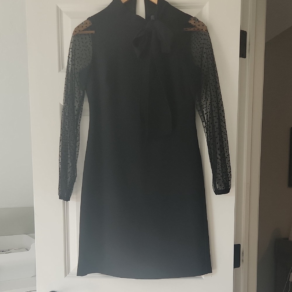 Vince Camuto Black Dress with Sheer Polka Dot Sleeves